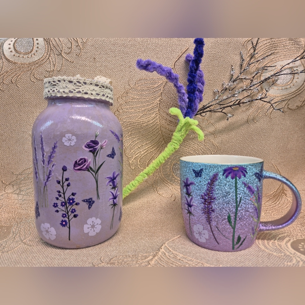 🪻3/$25 Lavender Floral Mug & Floral Home Décor Hand-painted Mason Jar